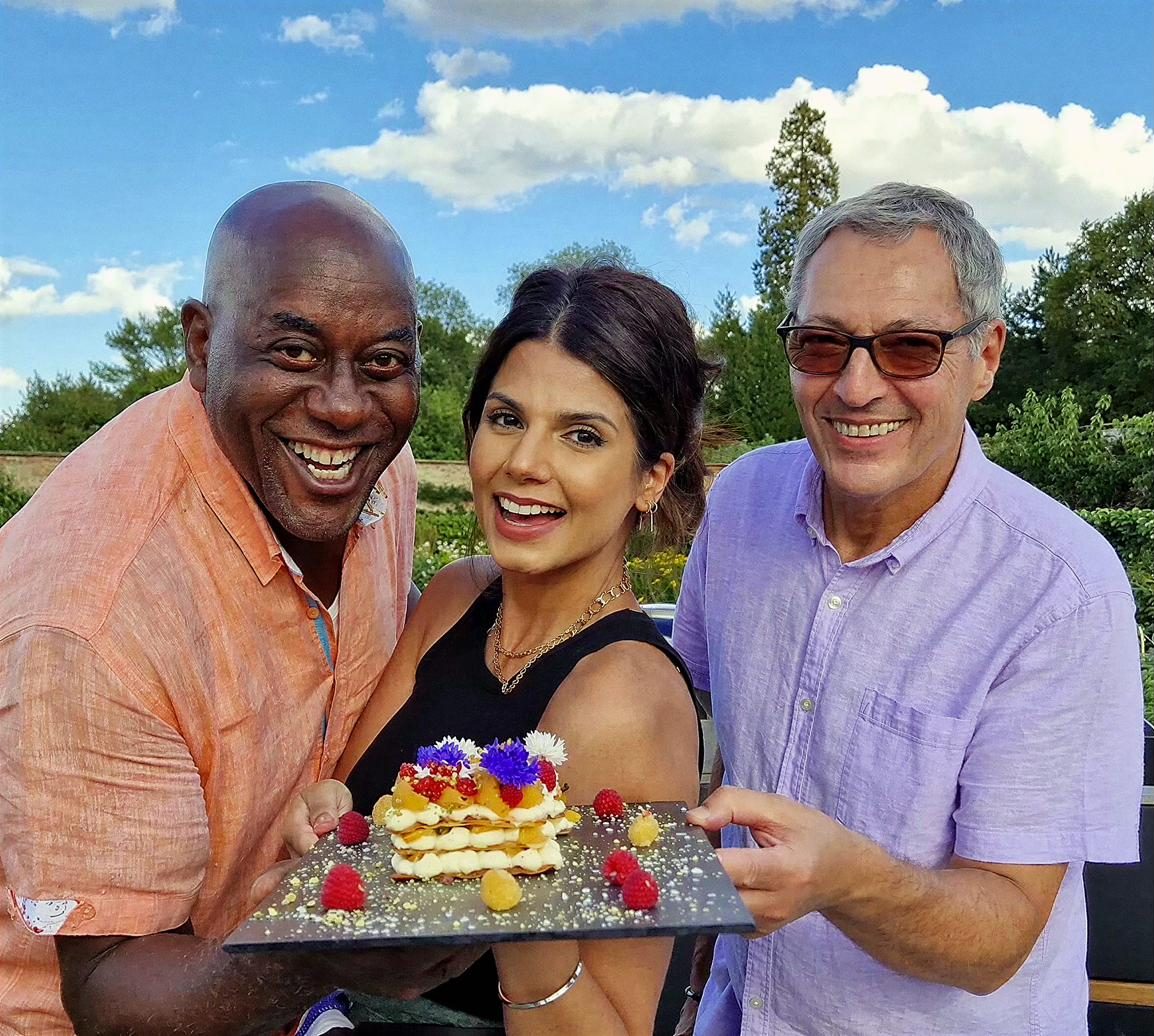Ainsley Harriott and Daniel Galmiche with a dessert