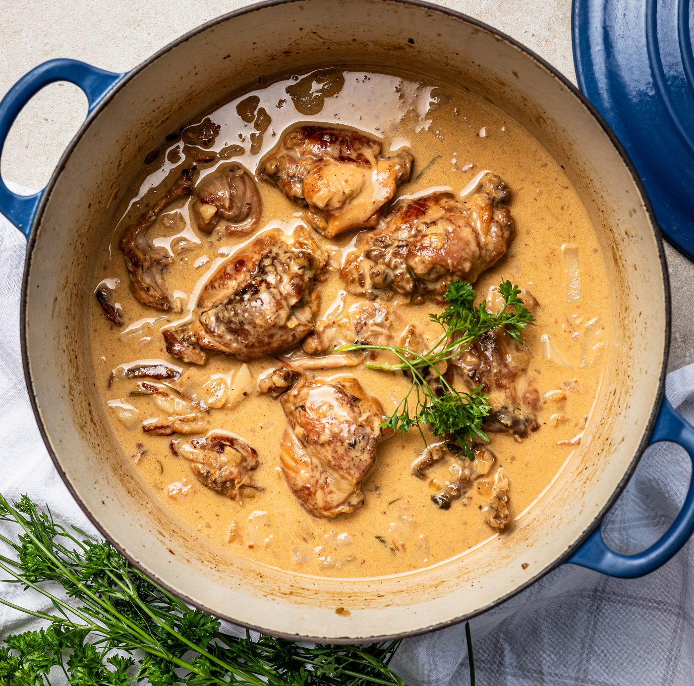 Roasted rabbit legs with mustard and herb cream