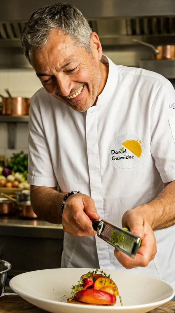 Daniel Galmiche finishing a dish
