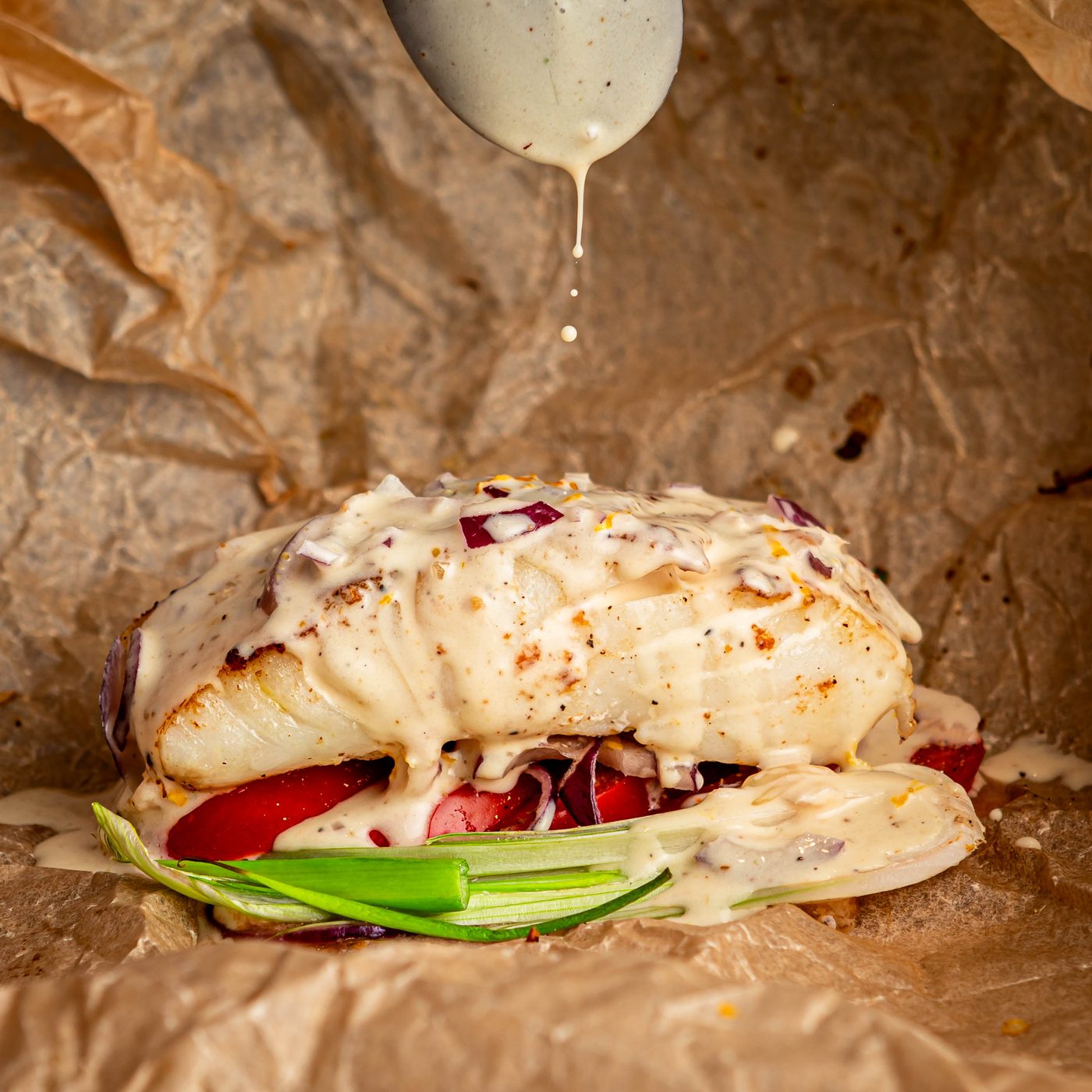 Curry spiced hake parcels