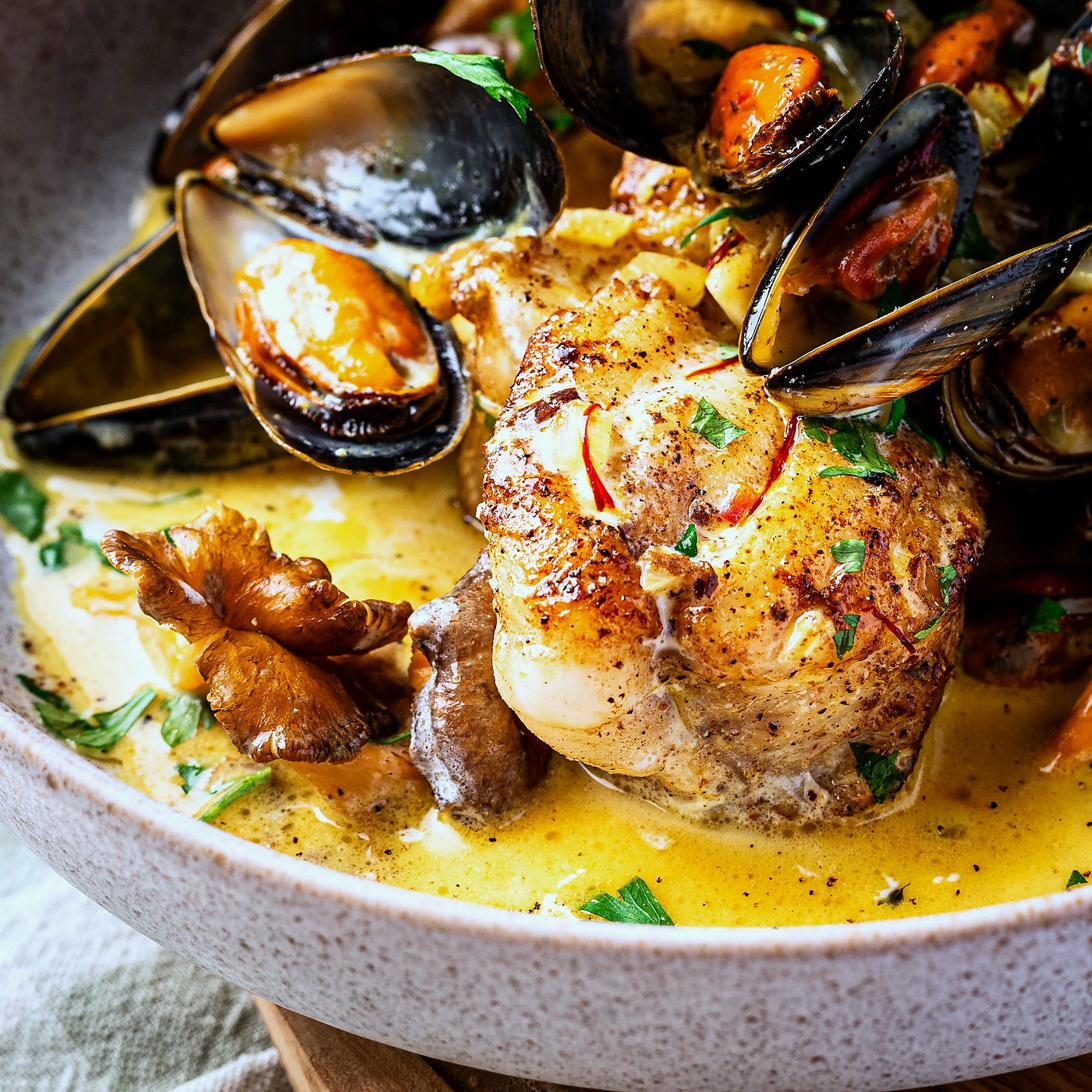 Roast monkfish with saffron mussel ragout