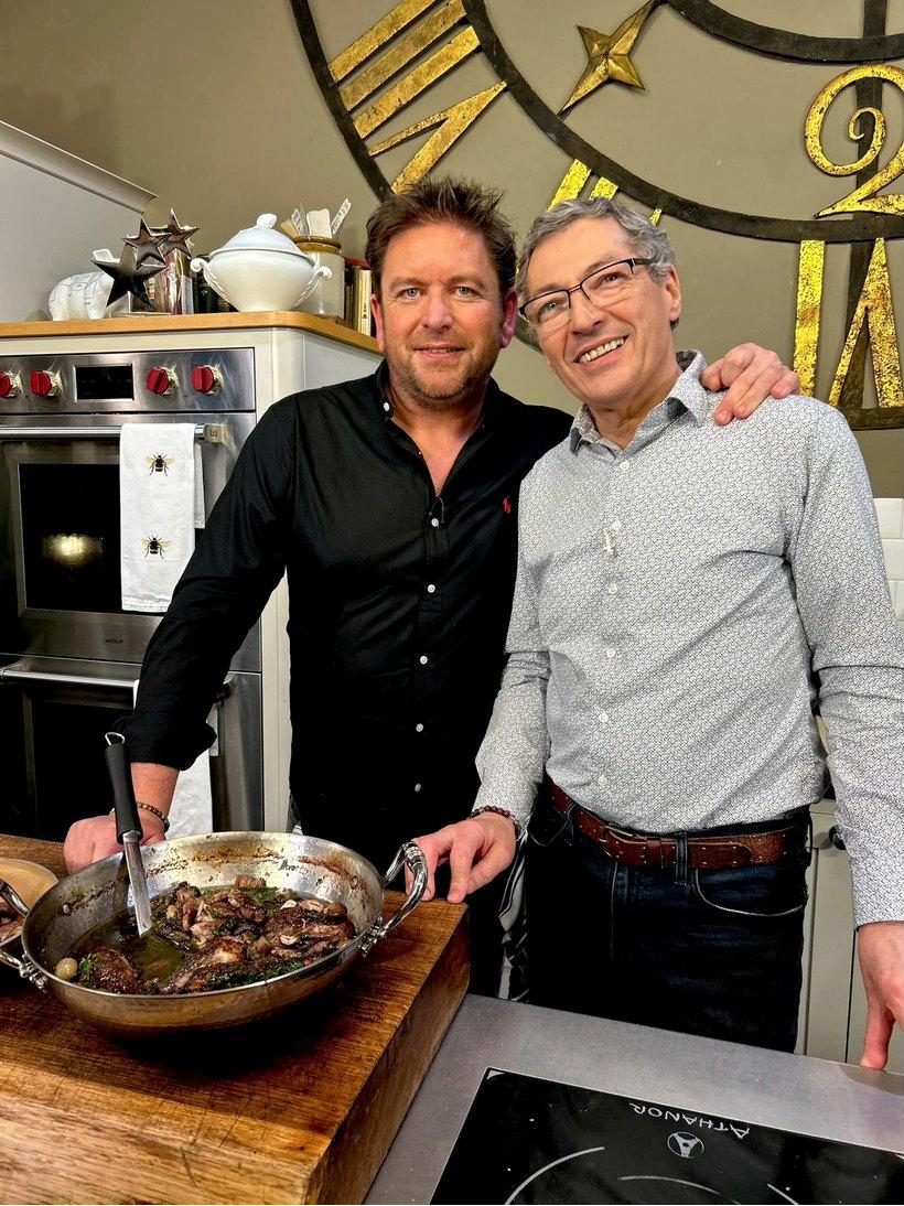 Daniel Galmiche with James Martin and a rabbit casserole