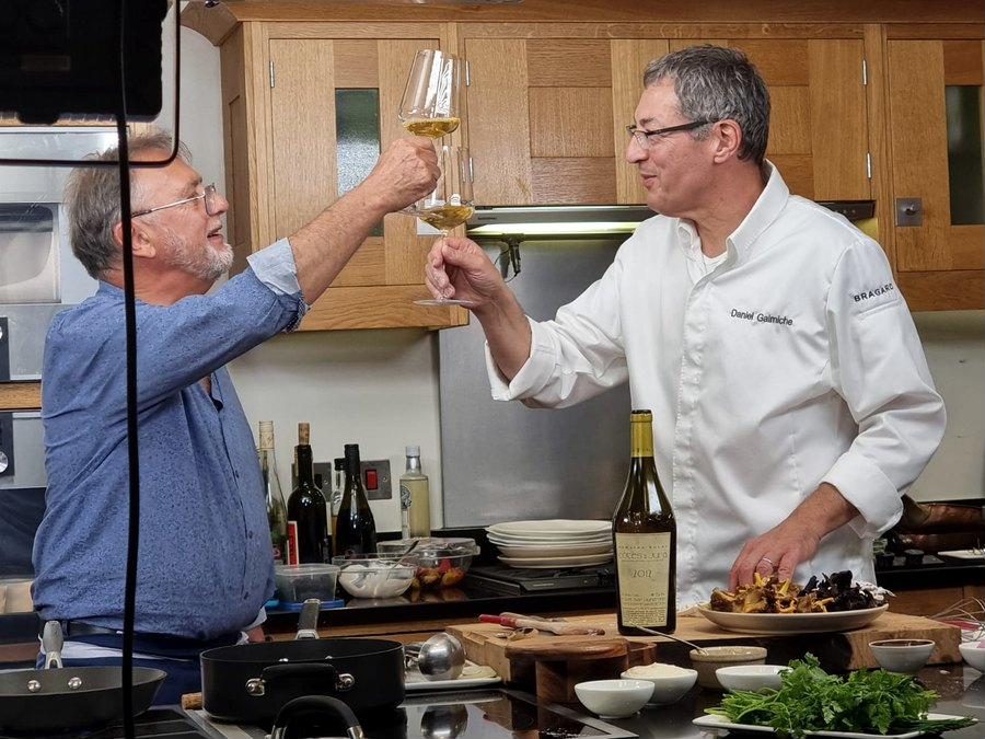 Raymond Blanc and Daniel Galmiche raising a glass